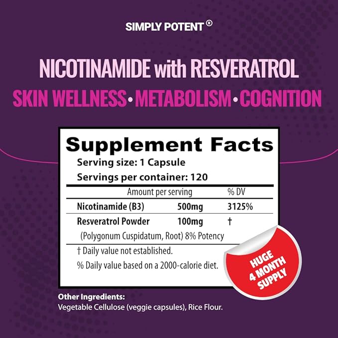 Nicotinamide 500mg with Resveratrol 100mg - 120 Veggie Capsules - Vitamin B3 Supplement Pills to Support NAD Skin Cell Health &amp Energy