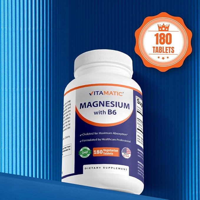 Vitamatic Magnesium with B6-180 Vegetarian Tablets (Uncoated) - Added B6 for Maximum Absorption - Supports Muscle Joint and Heart Health - 3 Pack