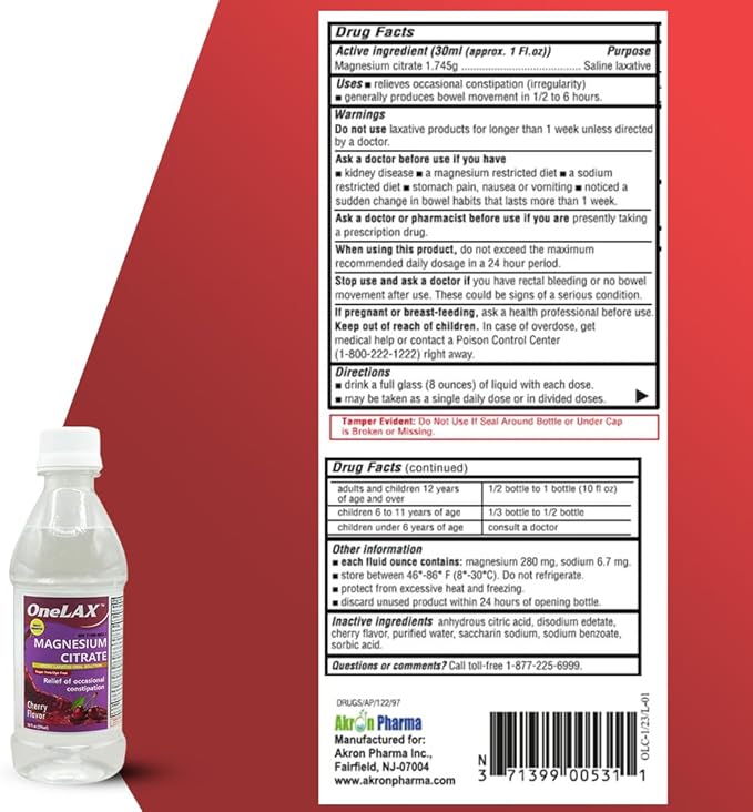 Magnesium Citrate Cherry Flavour 5PACK 10fl.oz Relief of Occasional Constipation OneLAX by Akron pharma