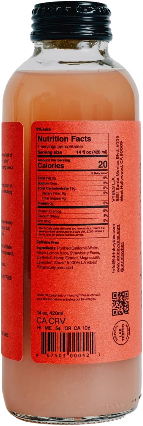 VYBES Strawberry Lavender Hemp Infused Mood Boosting Magnesium Supplement Drink | Functional Mind &amp Body Beverage | Certified Vegan &amp Organic | Bottled in California | 14 Ounces | Pack of 12