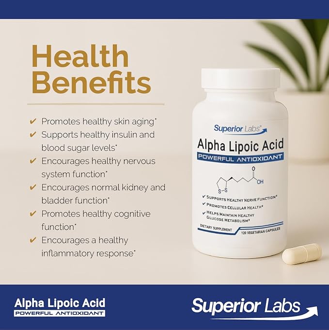 Superior Labs Alpha Lipoic Acid 600 mg Capsules Pure Non-GMO ALA High Absorption Nerve Support Healthy Circulation and Nerve Response Healthy Aging Antioxidant 120 Veg Caps 4-Month Supply