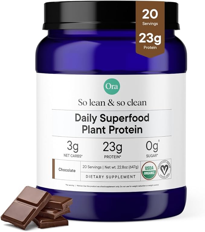 Ora Organic Vegan Protein Powder - 23g Plant Protein for Women and Men - Chocolate Flavor 20 Servings Bloat-Free Gluten Free Non-GMO No Artificial Sweeteners