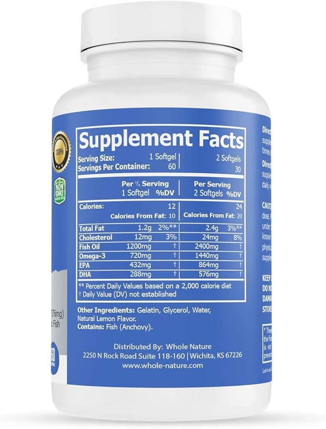 Omega 3 Fish Oil Supplements Maximum Strength 2400 mg Omega-3 1440mg Fish Oil EPA DHA Fatty Acids Heart Health Vision Eye Brain Immune Support for Women &amp Men. Natural Lemon Flavor 180ct