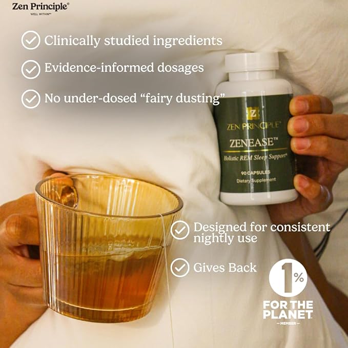 Zen Principle Zenease Sleep Support with Magnesium Glycinate Ashwagandha KSM-66® Saffron L-Theanine &amp GABA – No Melatonin Natural Stress Relief &amp Sleep Aid. 180 Capsules