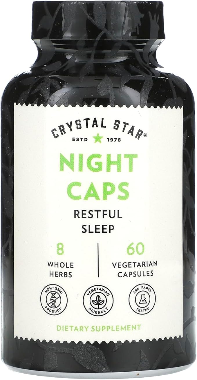 Crystal Star Night Caps Natural Sleep Aid Supplement (60 Capsules) – Herbal Non-Habit Forming – Valerian Root Kava &amp Passion Flower – Non-GMO
