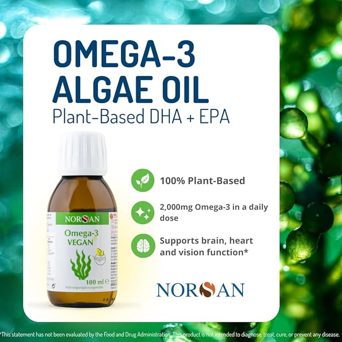 NORSAN Omega-3 Vegan - Liquid Algae Oil - High-Dose 2000mg Omega-3 per Serving | Supports Heart Brain &amp Eye Health* | Non-GMO Sustainable &amp Vegan-Friendly | 3.4 fl oz Bottle (100ml)