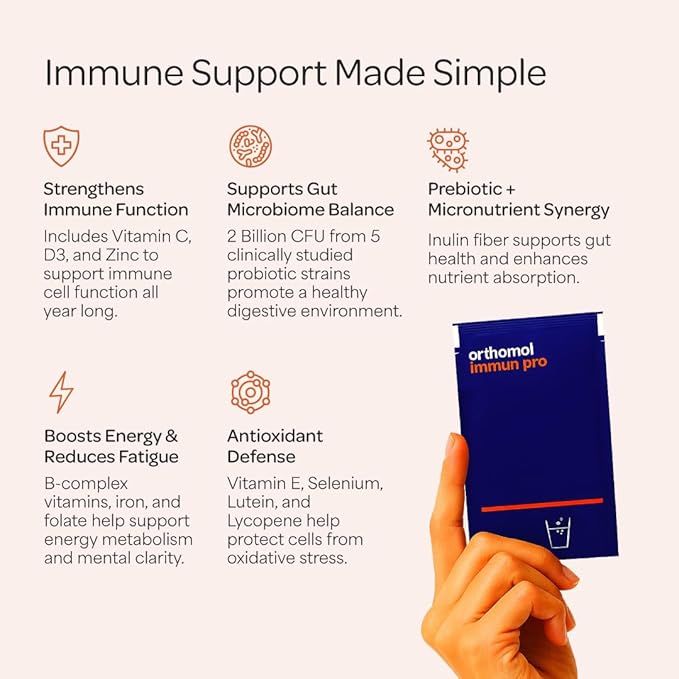 Orthomol Immun Pro Immune Support Probiotic Gut Health Supplement Inulin Prebiotic Fiber 30-Day Supply Vitamin A B C D E Zinc Iodine Probiotics for Women and Men Daily Powder &amp Capsul