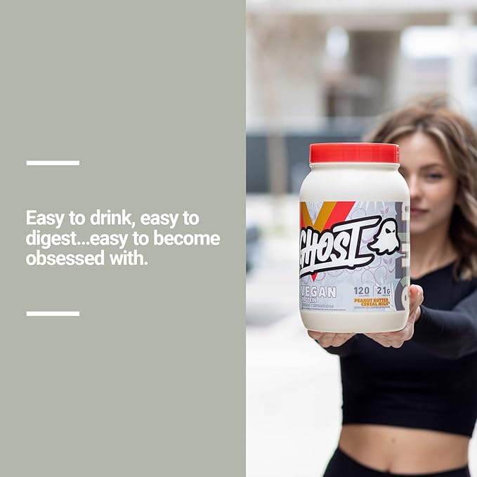 GHOST Vegan Protein Powder Peanut Butter Cereal Milk - 2LB Tub 21G of Protein - Plant-Based Pea Organic Pumpkin &amp Watermelon Seed Protein Blend - ­Flavored Post Workout Shakes - Soy &amp Glute