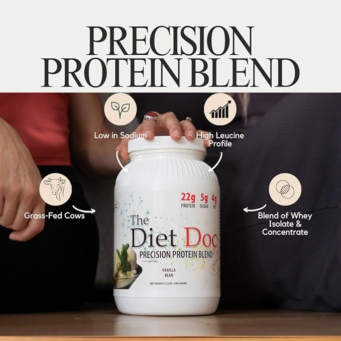 Precision Protein Blend- 100% Grass Fed Whey Protein Concentrate and Isolate Blend - 22g of Protein - 32 Servings - 2.2lb - Vanilla Bean