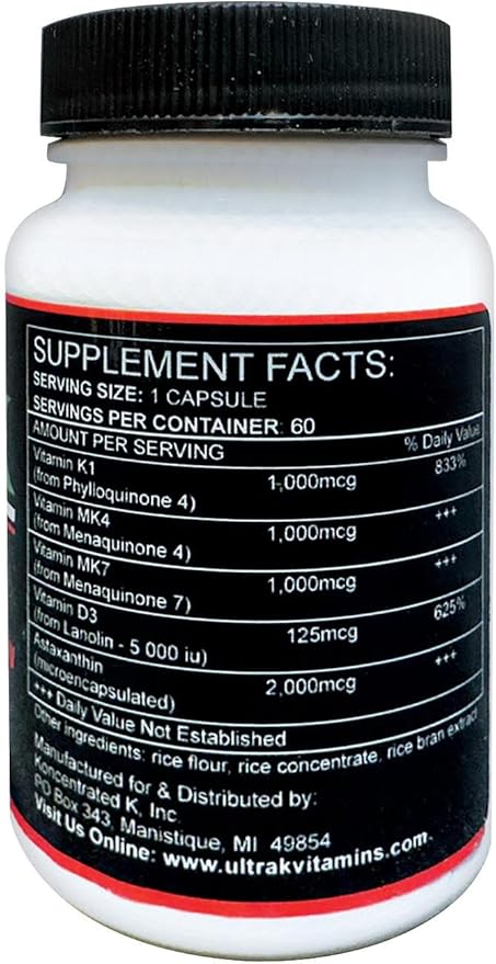 Ultra K High Intensity Training Supplement for Endurance Athletes Improves VO2max Vitamins MK7 MK4 K1 Astaxanthin Vitamin D Best K-D Combo