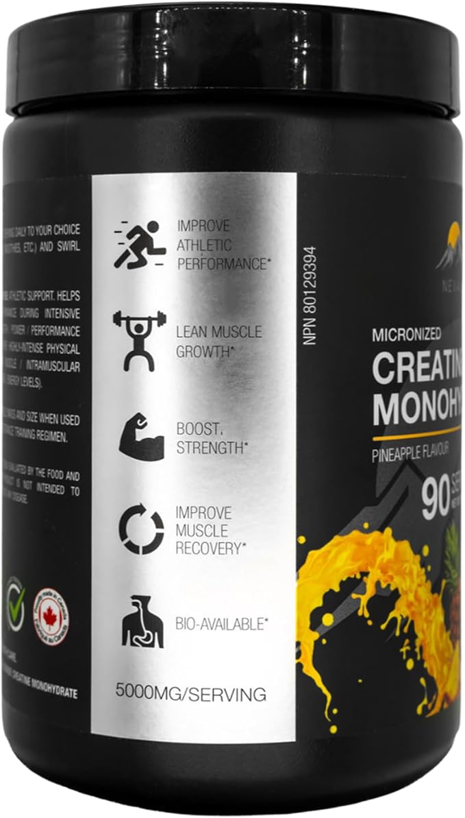Micronized Creatine Monohydrate by NevaSet 3-Month of 5000mg Creatine Supplement for Muscle Growth Increased Strength Enhanced Energy Improved Performance Cognitive Health. Pineapple 495g