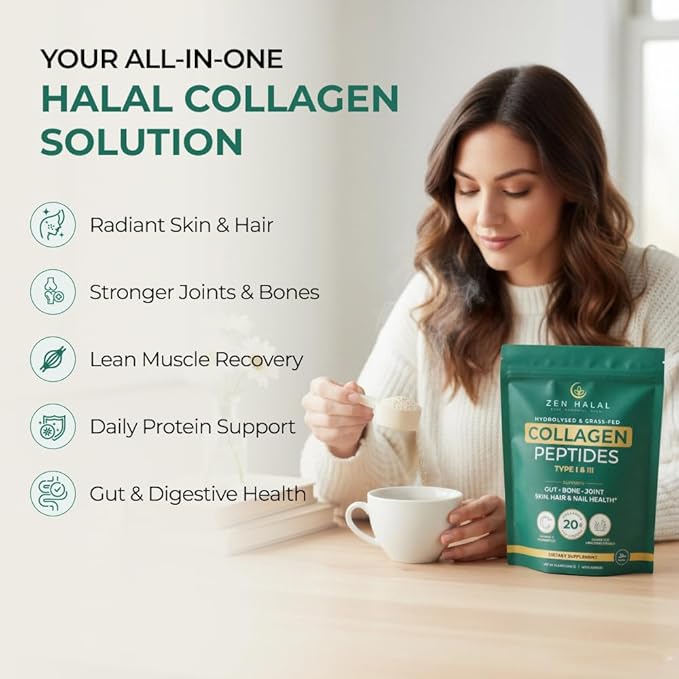 Collagen Powder with Vitamin C &amp Probiotic (18g Protein) Pure Grass Fed Halal Collagen Peptides for Women - Unflavored &amp Hydrolyzed Bovine Type I &amp III for Skin Hair Nails Joints and Gu