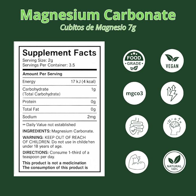 Magnesium Carbonate – 7g x 4 Cubes (Pack) – Pure Magnesium Carbonate – Food Grade – Non-GMO Gluten-Free Vegan – Carbonato de Magnesio en Cubos – Hecho en México