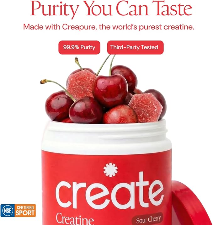 Create Creatine Monohydrate Gummies for Men &amp Women Boost Focus Strength and Endurance Anti-Melting Formula Vegan Gluten-Free Non-GMO 1.5g of Creatine per Gummy (Sour Cherry)