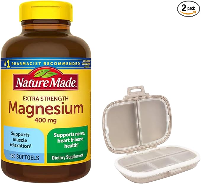 Nature Made Extra Strength Magnesium 400 mg. 180 Softgelsm Bundle with a Pill Oragnizer (2 Items)