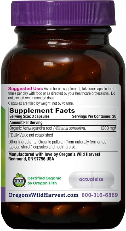 Oregon's Wild Harvest Certified Organic Ashwagandha Herbal Vegan Capsules 1200 MGS 90 Count