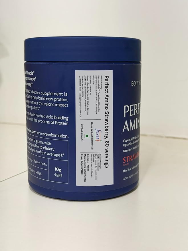 BodyHealth PerfectAmino Powder - BCAA and EAA Powder for Pre and Post Workout - Amino Acid Energy Drink for Men and Women to Support Lean Muscle and Recovery - Strawberry - 60 Servings