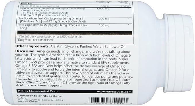 SOLARAY Super Omega 3-7-9™ with Vitamin D-3 &amp Salmon Oil 120 Softgels