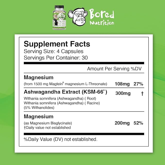 Bored Nutrition M2K: Magtein Magnesium L-threonate &amp Ashwagandha Supplement - 1500mg Magtein 300mg KSM-66 Plus 200mg Magnesium