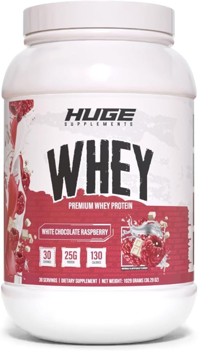 Huge Whey Protein Powder for Muscle Gain 25g Protein 12g EAAs Supports Muscle Growth Performance &amp Recovery (White Chocolate Raspberry 30 Servings)