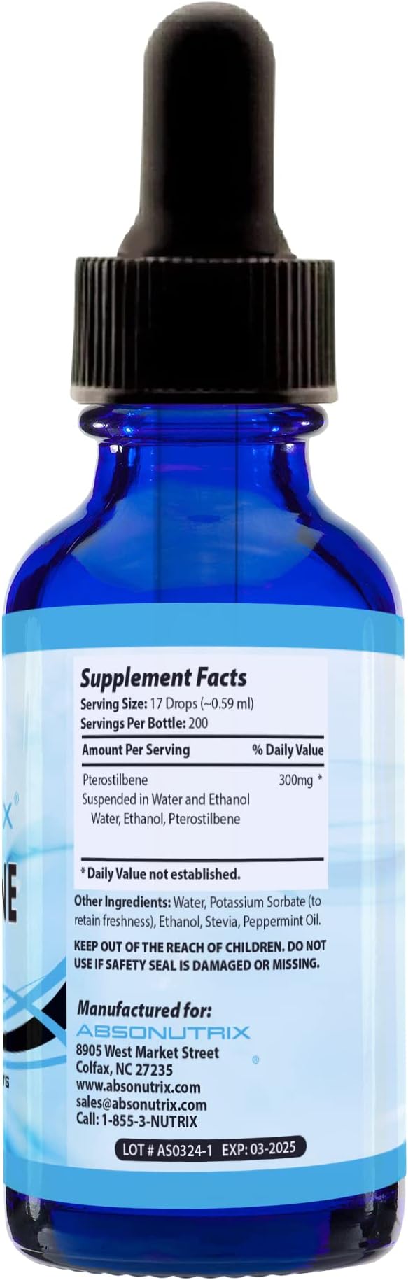 Absonutrix Pterostilbene 300 mg 4 Fl Oz Liquid Drops 200 Potent Servings High Bioavailability Third-Party Tested Quick Absorption GMP-Certified Non-GMO Cruelty-Free Products Made in USA