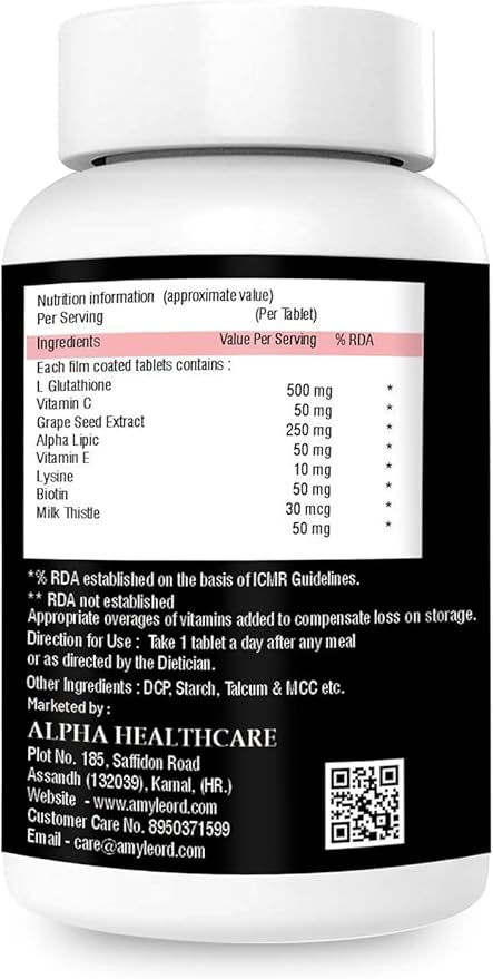 L - Glutathione Tablets 1000mg with Vitamin C Biotin Milk ThistleVitamin Extract for Help to Skin Glow - 60 Tablets