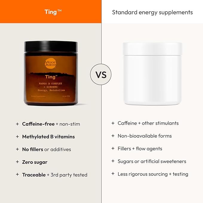 Moon Juice Ting - Vitamin B Complex Powder Supplement - Methylated B12 Folate Ginseng L-Glutamine &amp B Vitamins Caffeine Free Energy &amp Digestion Support Sugar Free Mango 1.8 oz 25 Servi