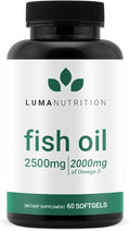Luma Nutrition Omega 3 Fish Oil Supplement - Extra Strength 2500mg - 2000mg EPA &amp DHA - Brain and Heart Health - 60 Softgels