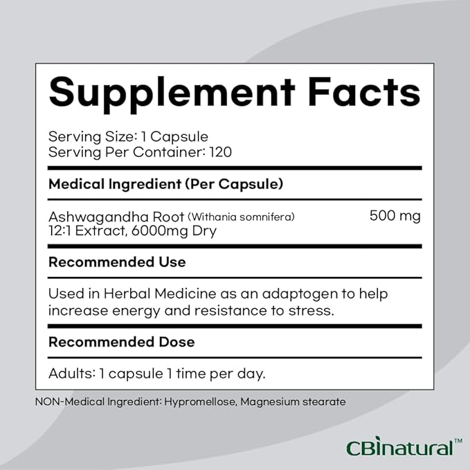 CBInatural Ashwagandha 12:1 Extract 500mg – Energy Vitality &amp Men’s Wellness Support – 120 Vegan Capsules 4-Month Supply