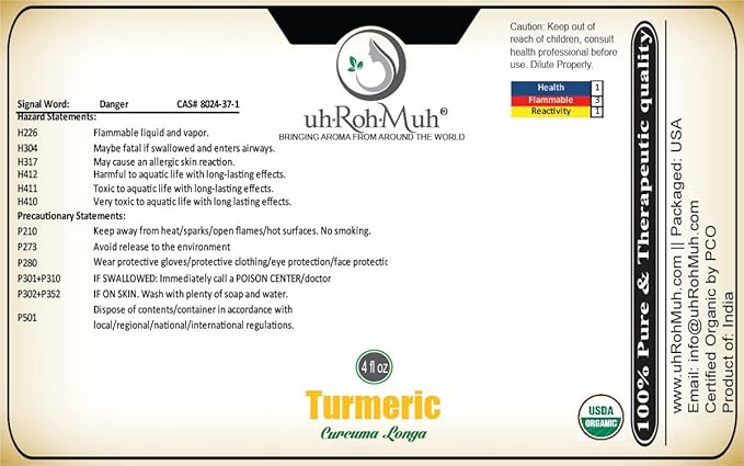 Turmeric Essential Oil (Organic - USDA Certified) (India) (4oz)