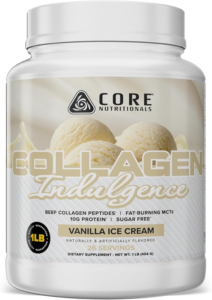 Core Nutritionals Collagen Indulgence | Hydrolyzed Collagen Peptides Type I &amp III | MCTs &amp Digestive Enzymes| Hair Skin &amp Nails | Bone &amp Joint Support | 24 Servings | 1 Pound (Vanill
