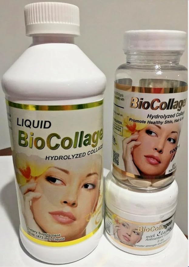 BioCollagen 3-Piece Set – Liquid Collagen Supplement 16 oz 1000 mg Softgels (60 Count) &amp 2 oz Topical Cream – with Vitamin C and Antioxidants for Skin Hair &amp Nail Support