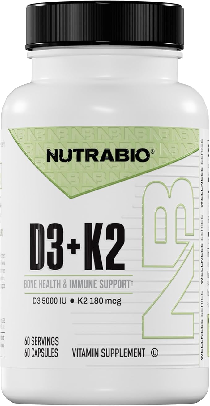 NutraBio Vitamin D3 K2 | 5000 IU D3 as Cholecalciferol with Vitamin K2 as MENA-Q MK7 (180mcg) | Support Bone and Heart Health | Non-GMO Gluten Free Lactose Free | 60 Vegetable Capsules