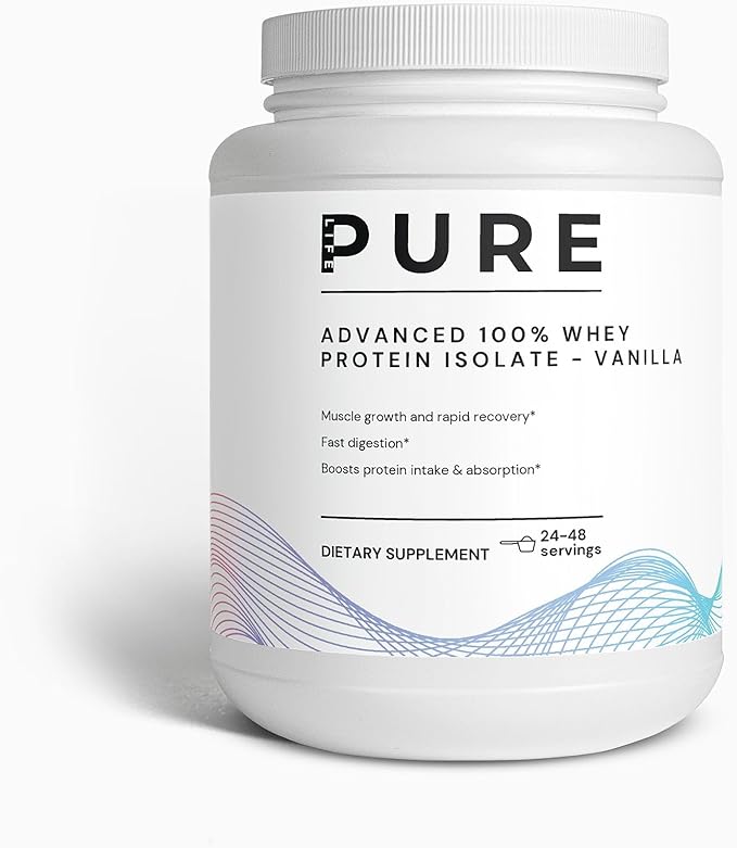 PURE LIFE Advanced Whey Protein Isolate Vanilla – 100% Pure &amp Natural Whey Protein Vanilla Powder – Low Carb – 48 Servings – High Protein Powder for Muscle Recovery and Fast Digestion