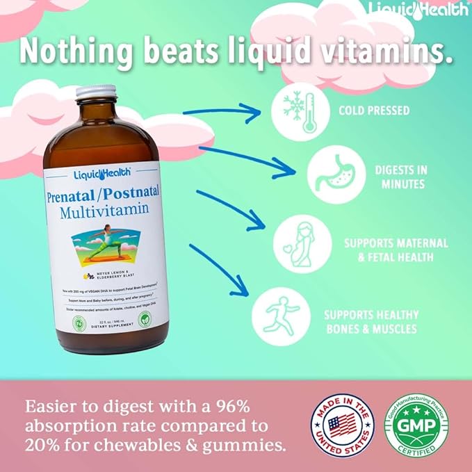 LIQUIDHEALTH Prenatal/Postnatal Multiple Liquid Women's Multivitamin with Real Folate - Pre &amp Postnatal Vitamins for Before During After Pregnancy - Made in USA Vegan Sugar-Free Non-GMO (32 o