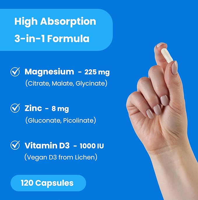 NutraChamps Magnesium Zinc &amp Vitamin D3 Supplement - Most Bioavailable Forms Magnesium Glycinate Malate Citrate - Bone Muscle &amp Heart Health Immune Support - 120 Vegan Capsules