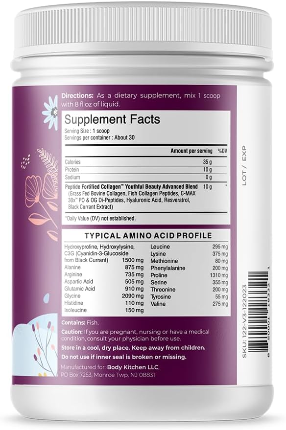 Body Kitchen Youthful Beauty Advanced Collagen Peptides Powder and Resveratrol and Hyaluronic Acid 10oz and Pro-Elastin Count of 60