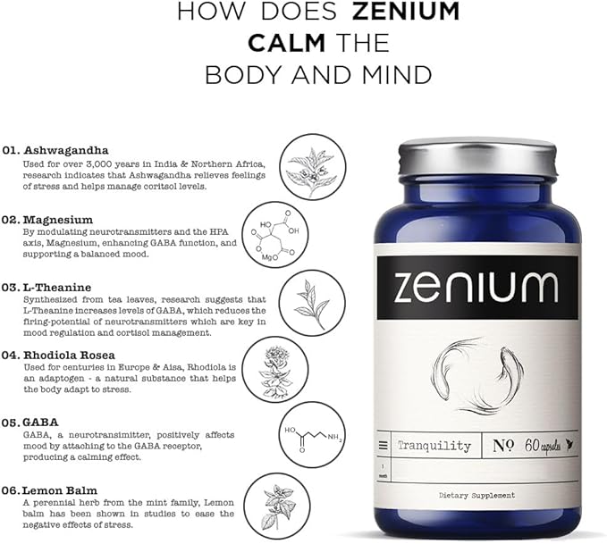 Zenium - Relieve Stress Tension Worry Nervousness &amp Irritability | Calm The Mind &amp Body | Ayurvedic | Natural Relief Supplement | Boosts Mood | Ashwagandha L-Theanine GABA Rhodiola |60