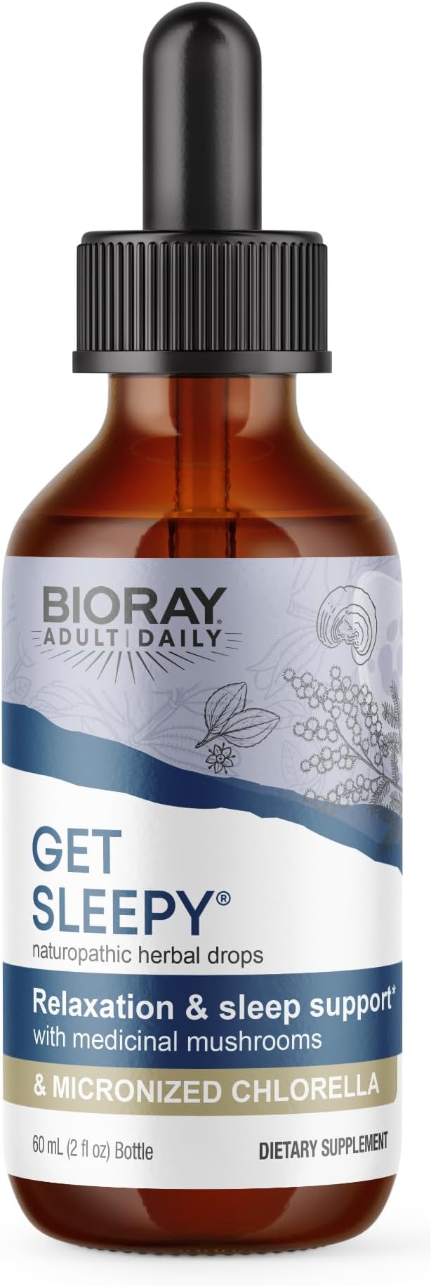 BIORAY Daily Get Sleepy - 2 fl oz - Relaxation &amp Rest Support - With Medicinal Mushrooms &amp Micronized Chlorella - Non-GMO Vegan Gluten Free - Approx. 30 Servings
