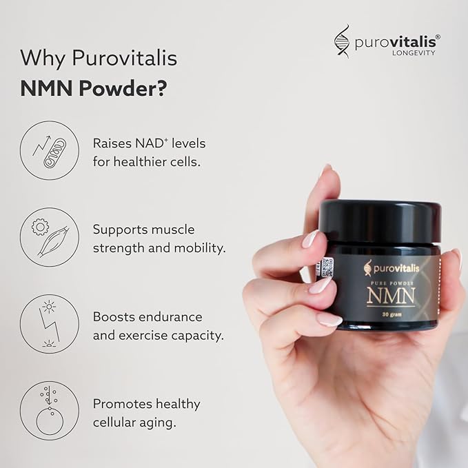 PUROVITALIS NMN Powder 99% Pure Longevir Nicotinamide Mononucleotide Supplement NAD+ Boost for Cellular Health Energy &amp Healthy Aging 2-Month Supply (30g)