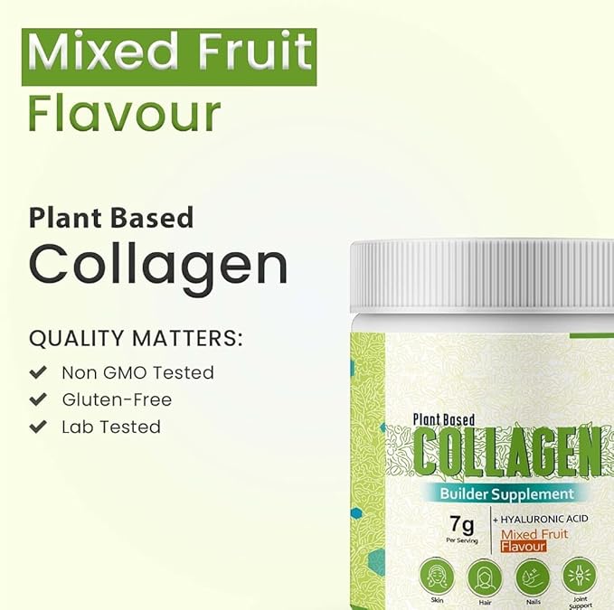 Plant Based Skin Collagen Builder Powder for Men &amp Women Mixed Fruit with Hyaluronic Acid Biotion Vitamin E &amp C | Skin Collagen Booster | Healthy Skin Joints Hairs &amp Nails 210g (Pack