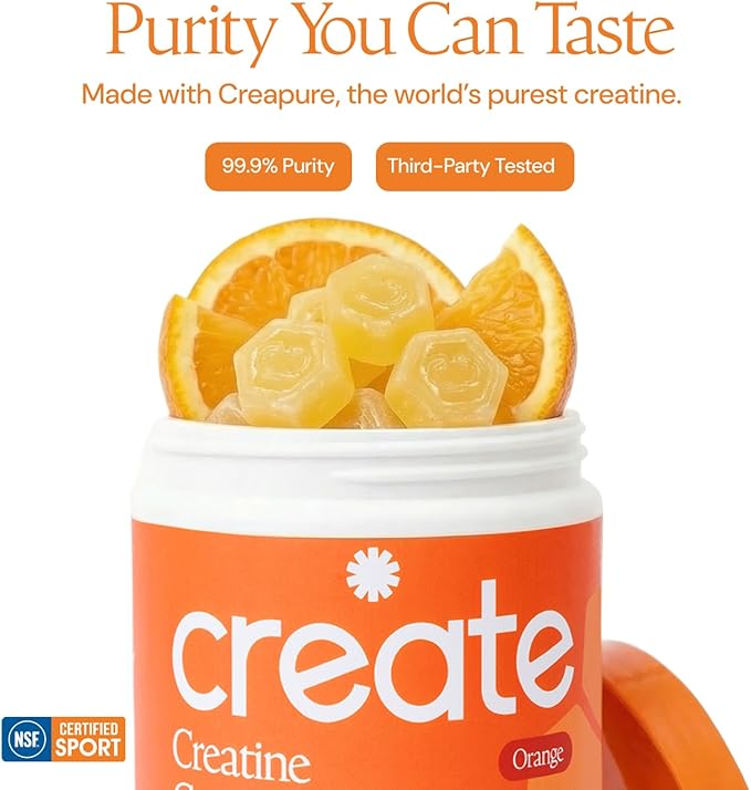 Create Creatine Monohydrate Gummies for Men &amp Women Boost Focus Strength and Endurance Anti-Melting Formula Vegan Gluten-Free Non-GMO 1.5g of Creatine per Gummy (Orange)