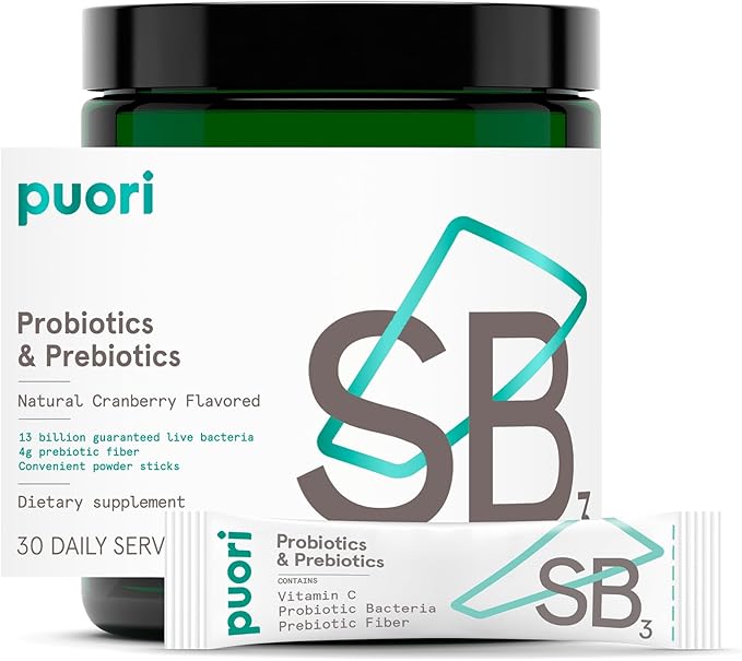Puori Daily Probiotics &amp Prebiotics for Digetive &amp Gut Health - Immune Support Supplement with 13 Billion CFU &amp 4g Dietary Fiber - Shelf Stable for Bloating &amp Gas Relief