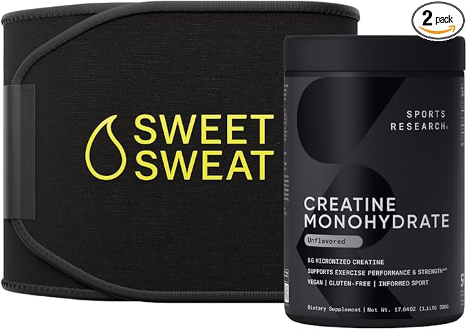 Sports Research Creatine Monohydrate and Sweet Sweat Waist Trimmer - Black and Yellow (Large)