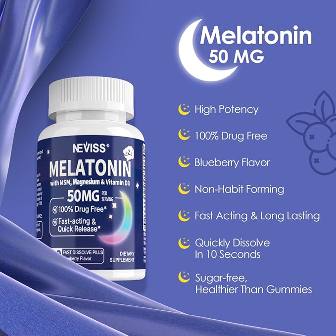 NEVISS Melatonin 50 mg for Adults - Extra Strength 9-in-1 Fast Dissolve Sublingual - High Dose with Magnesium Glycinate Vitamin D3 Ashwagandha Lemon Balm Chamomile Sugar Free Vegan60 Tablets
