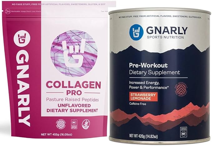 Gnarly Collagen Pro Unflavored (15.87oz) and Gnarly Preworkout Strawberry Lemonade Caffeine Free (14.82oz)