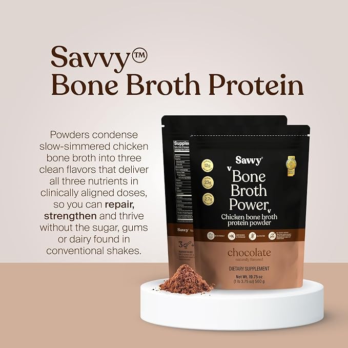 SAVVY Bone Broth Power Chocolate Protein Powder 23g Protein 12g Collagen &amp Glutamine Muscle Joint Digestive &amp Skin Health Keto Dairy Free Award-Winning Bone Broth 560g (16 Servings)