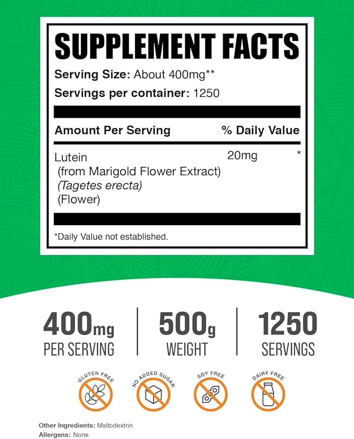BulkSupplements.com Lutein Powder - from Marigold Flower Extract Eye Supplement Lutein 20mg - Antioxidant Source Gluten Free 400mg per Serving 500g (1.1 lbs) (Pack of 1)