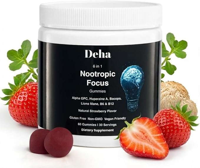 Deha Focus Gummies Nootropic Brain Supplement with Vitamin B6 Vitamin B12 Alpha GPC Huperzine A Bacopa Monnieri Lions Mane Mushroom Gummies – Vegan Non-GMO Gluten-Free – 60 Gummies