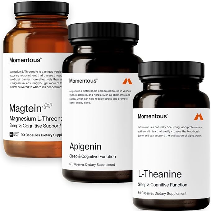 Momentous Magtein Magnesium L-Threonate 145mg Apigenin Supplement &amp L-Theanine Supplement - Supports Cognitive Function &amp Promotes Rest Relaxation &amp Focus - NSF Certified GMO-Free Gl
